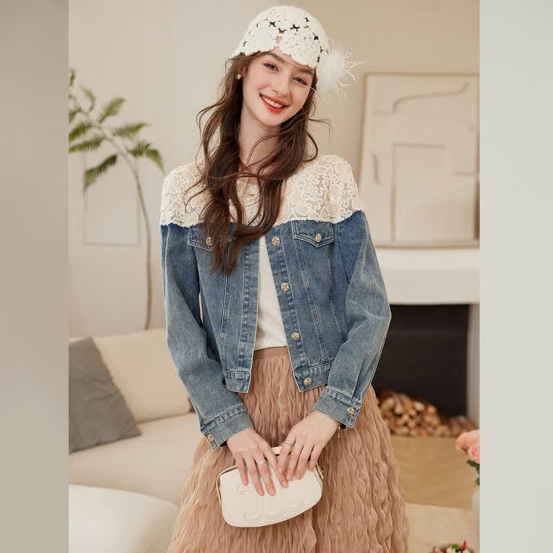 White Deer Language Cutout Embroidered Patchwork Denim Jacket S