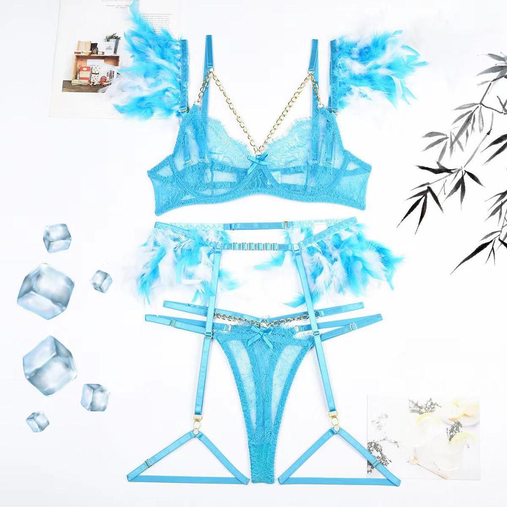 "Europe and America Trendy Sexy Feather Lace Chain Slimming Lingerie Set"