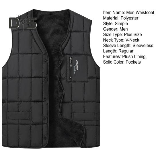 Colete masculino com decote em V, sem mangas, abotoado, colete acolchoado com bolsos com zíper, cor sólida, forro de pelúcia, jaqueta térmica espessada