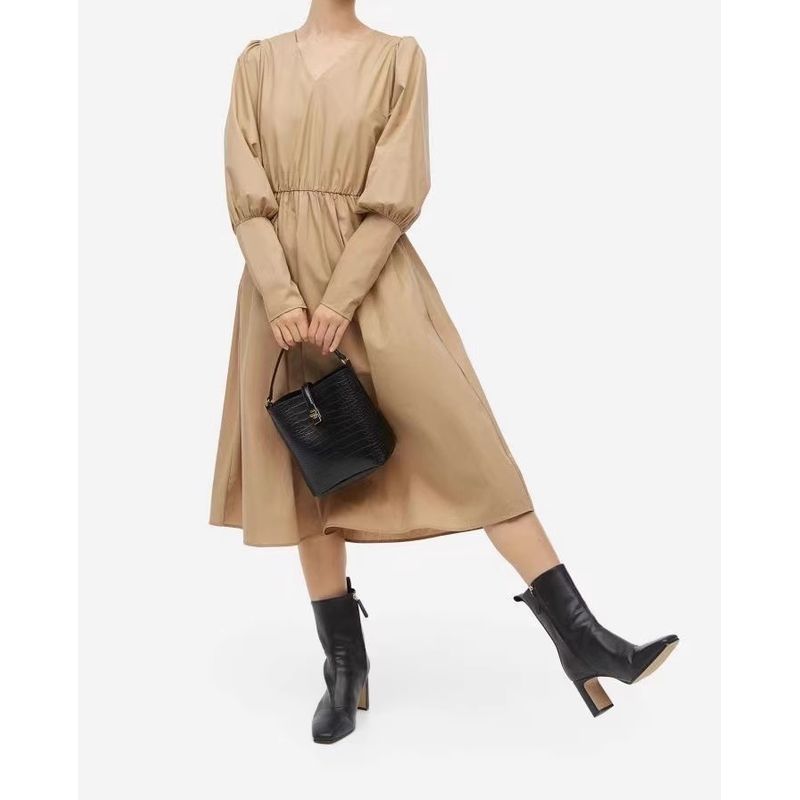 

Export Single H Home French Style Work Clothing Ol Cotton Lantern Button Long Sleeves Idle Style Maillard Dress Large Swing Skirt Khaki XS