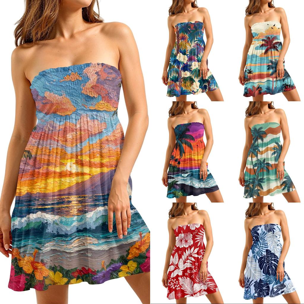 Vestido Casual de Mujer sin Tirantes sin Mangas Estampado Floral Vestido de Playa de Verano Cuerpo Elástico Fruncido Vestido por Encima de la Rodilla