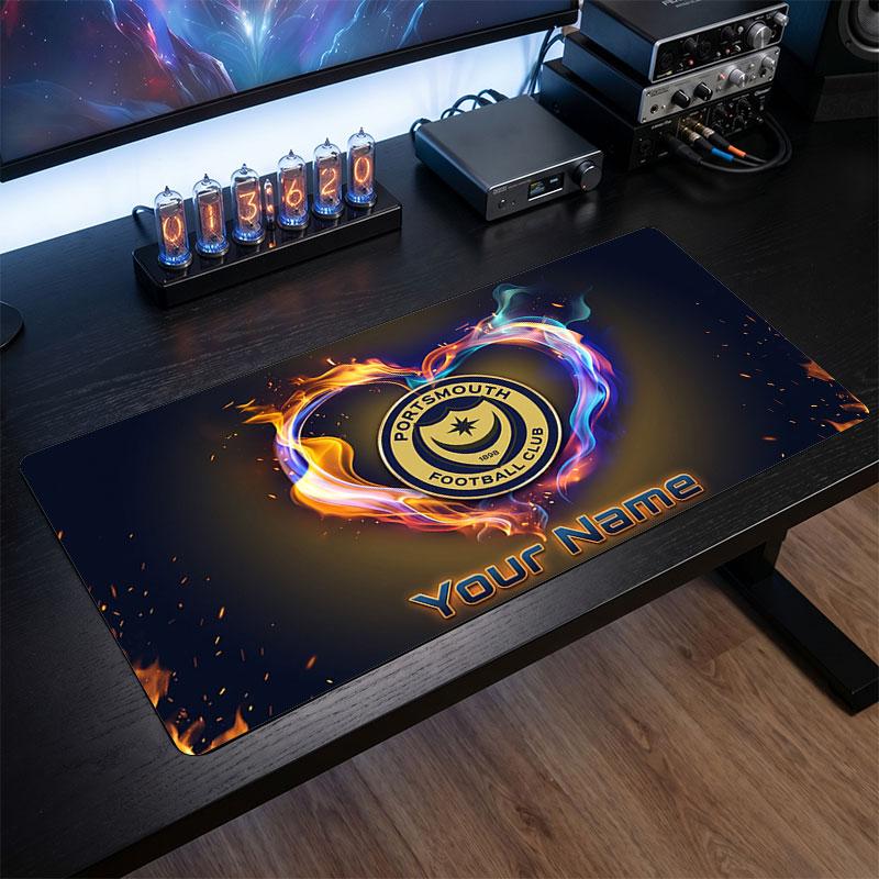 Portsmouth FC Custom Large Mouse Pad, Personalized Name Text Print, Football Logo Non‑Slip Desk Mat Gaming Gift