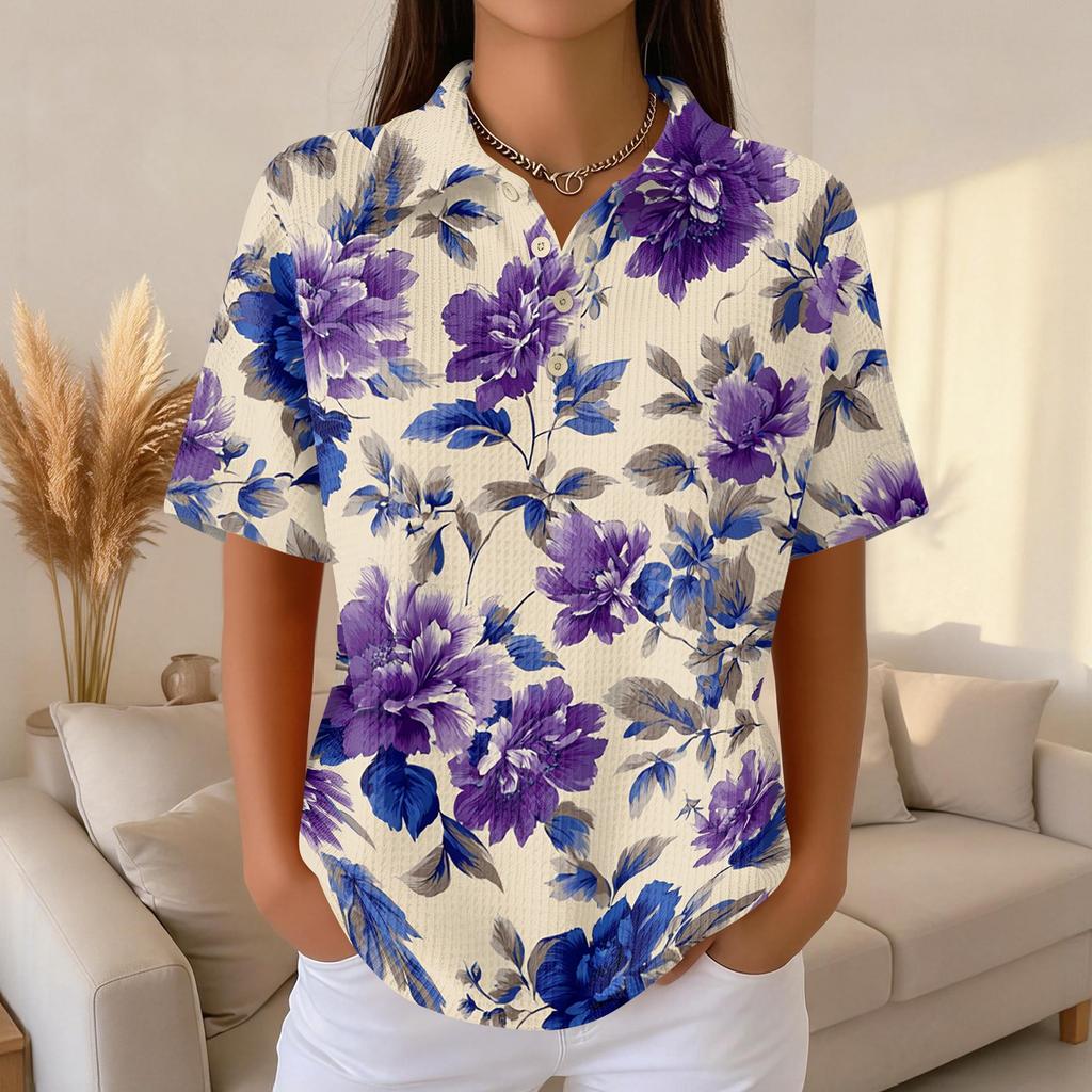 Women’s Casual Short Sleeve Knit Collared Top with Floral Print Relaxed Fit Button Down Blouse for Daily Wear