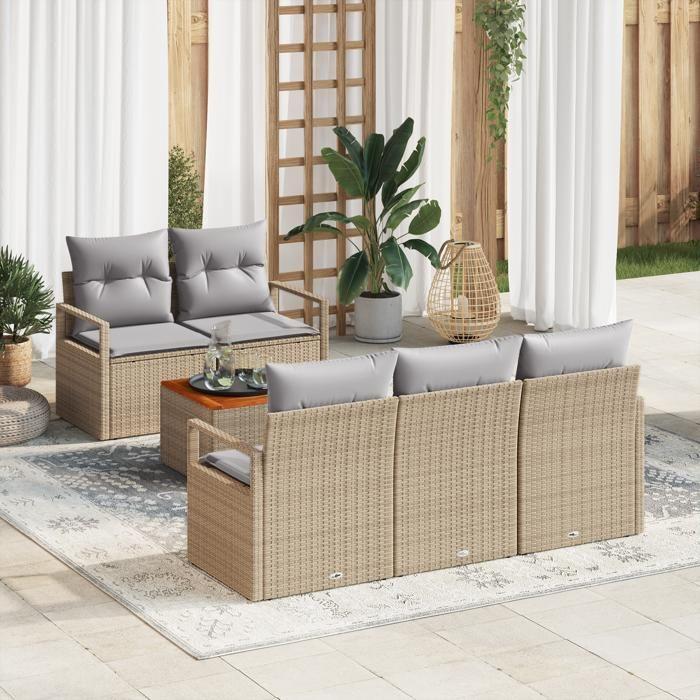 Ensemble de 6 pièces de canapé de jardin avec coussins beige en rattan poly acacia, Canapé de jardin 2 places avec coussins 3347644