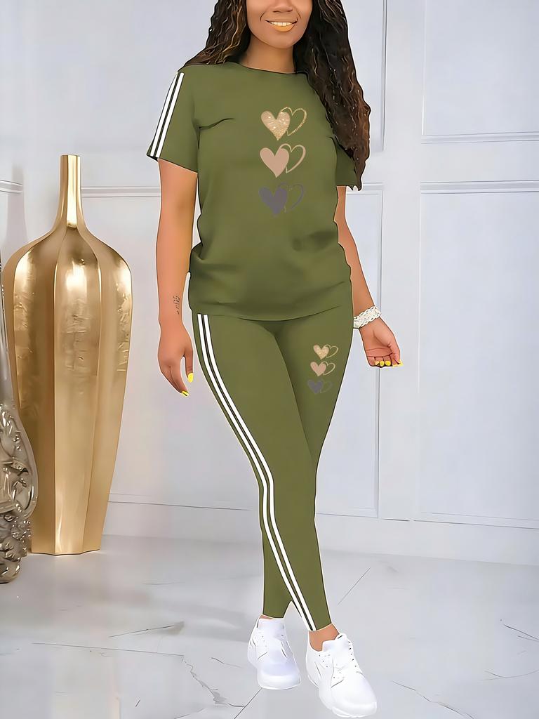 Damen Freizeitsportanzug, Herzförmiges Muster Print - Damen Freizeitsport Rundhals Zum Überziehen Kurzarm Hose Zweiteiliges Set