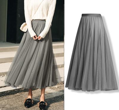 Women Solid High Waisted Skirt Many Colors Mesh Tulle A-line Midi Skirt With Lining for Spring Summer