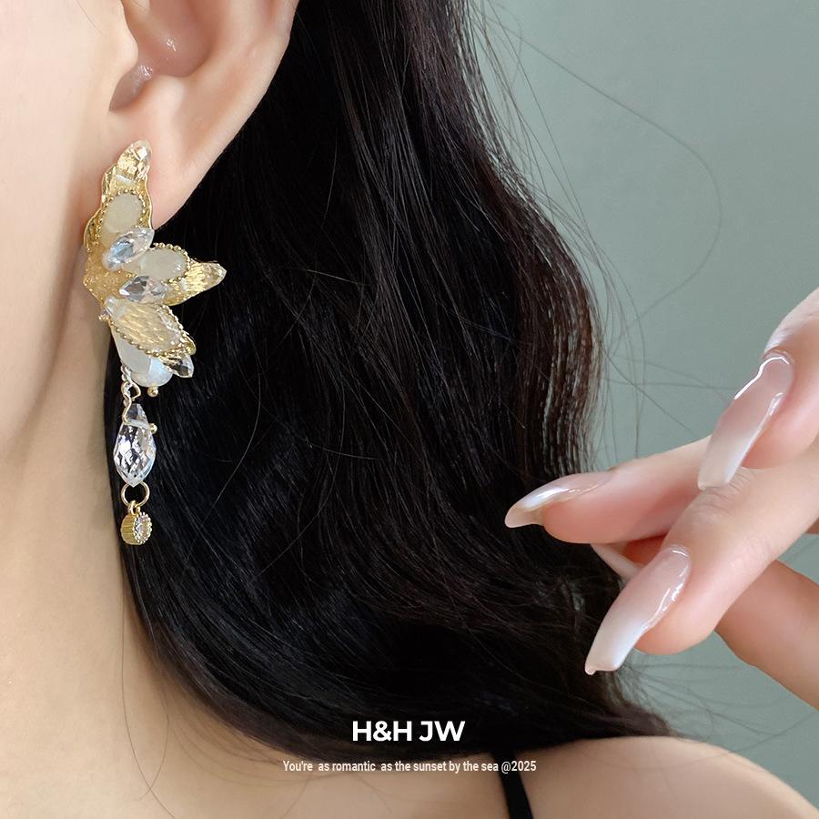 Silver Needle Diamond Glass Butterfly Tassel Earrings French Retro Versatile Exquisite Earrings Light Luxury Premium Earrings Women