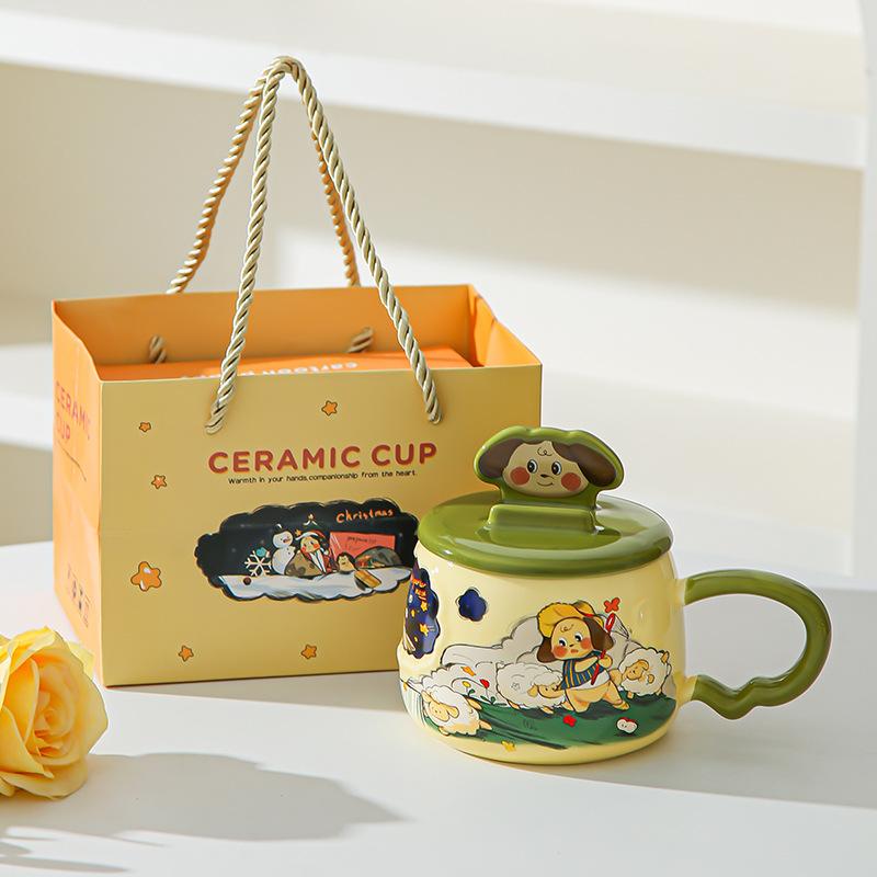 Creative Cartoon Ceramic Cup with Mobile Phone Holder Cover, Home Office Water Cup Gift Box, High Value Hand-painted Wind Mug