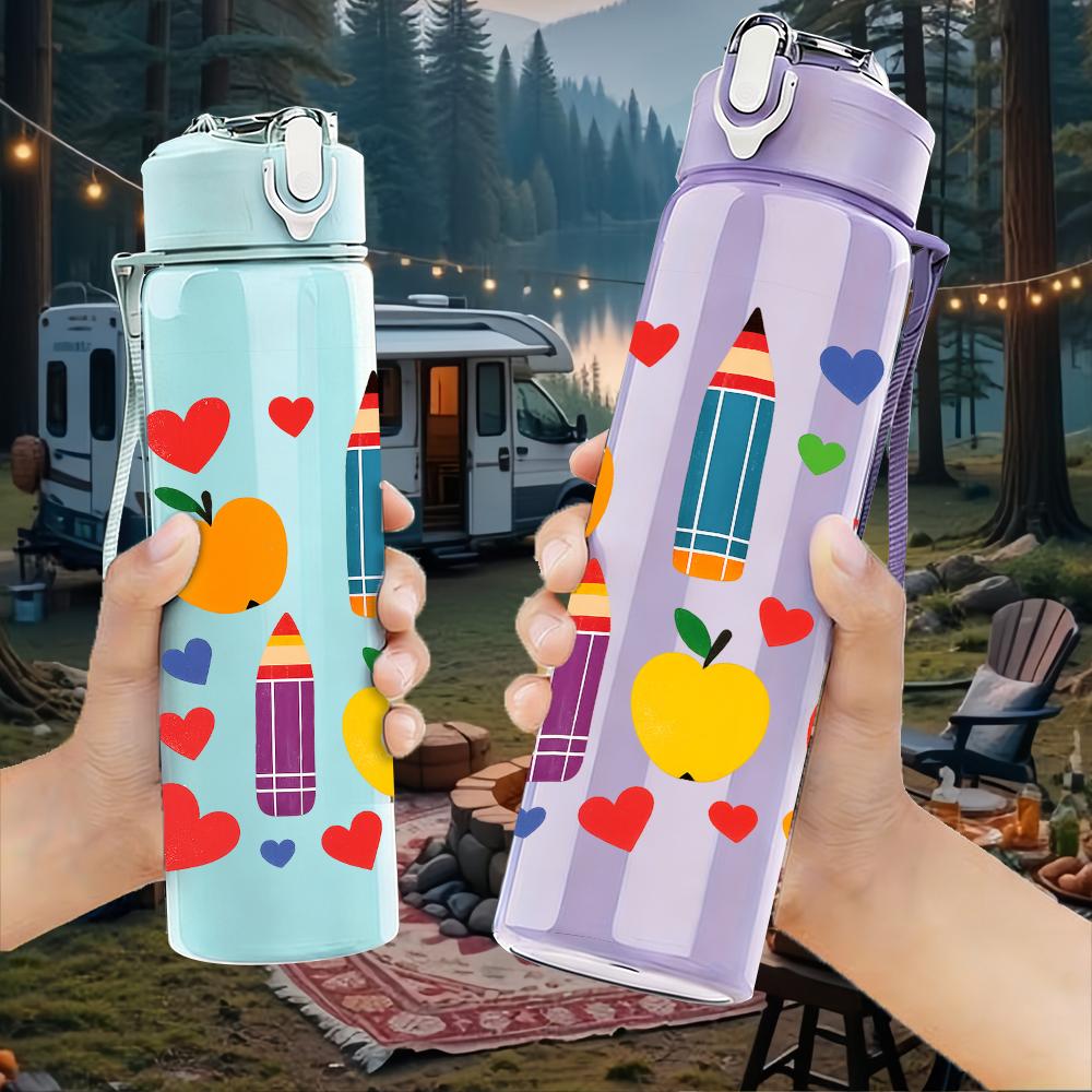 1PC Heart Pencil Fruit Layout 750ml Color Plastic Sports Water Bottle Leakproof Flip Straw Lid For Sports Office Home Use