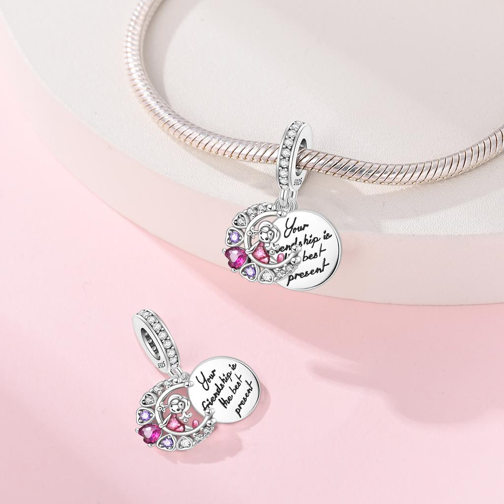 Authentic Charm Bead Charms copper Pink Heart Zircon Friendship Pendant Bead Charms Compatible With Bracelets Women Jewellery Making Diy Gift
