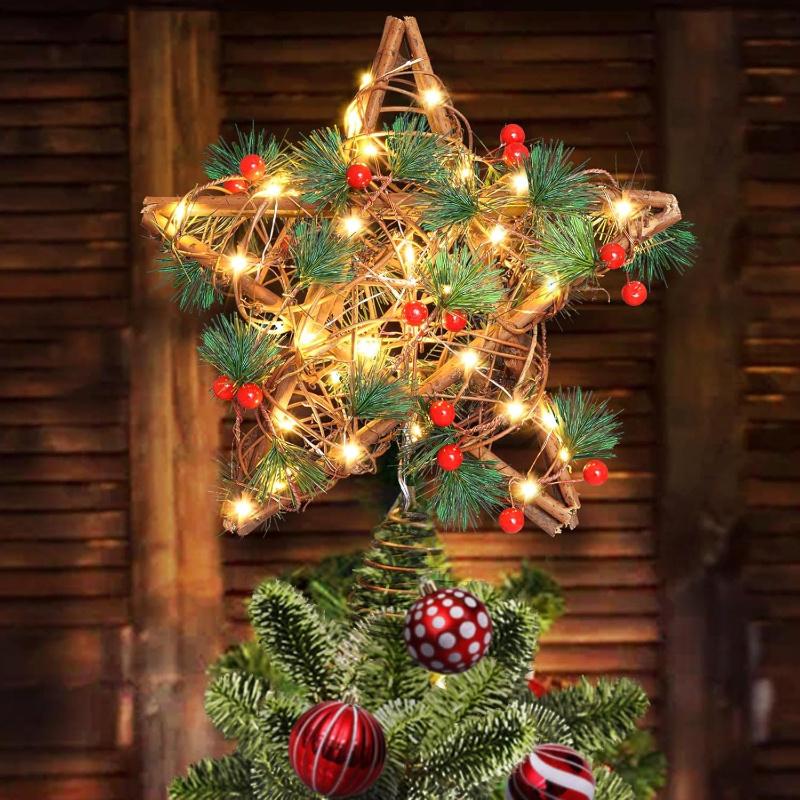Rustic Natural Rattan Star Christmas Tree Topper, Warm White Lights, 3 AA Batteries Not Included, Farmhouse Holiday Decor for Indoor,Office,