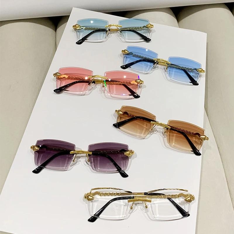 New Rectangle Rimless Sunglasses Women Retro Snake Decoration Clear Ocean Lens Eyewear Men Sun Glasses UV400 Shades