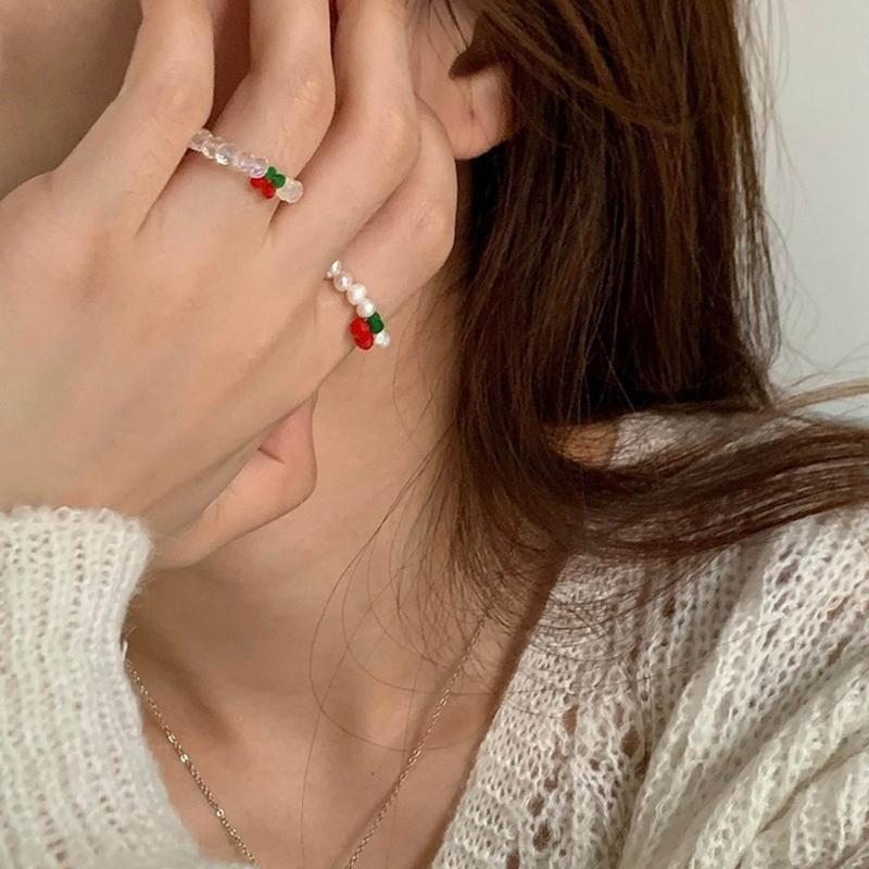 Red Cherry Rings Adjustable Size Beads String Rings Lightweight Elastic Rope Finger Rings Daily Wear Cherry Beaded Rings