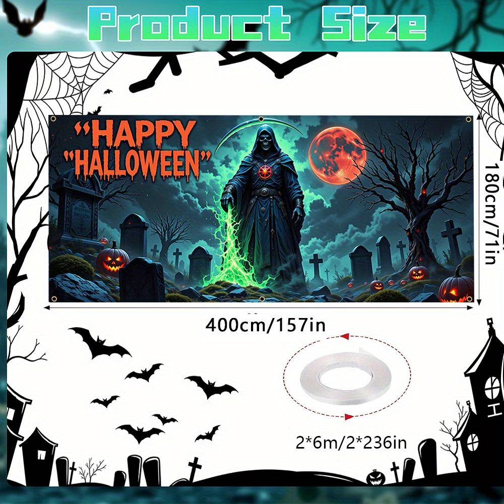 Large Halloween Grim Reaper Garage banner - Eerie cemetery scene with Jack-o '-lanterns durable polyester wall decorations