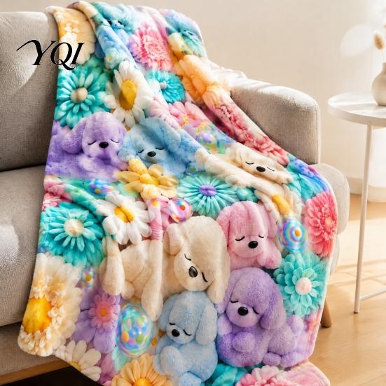 Soft Texture Blanket for Couch Teddy Bear Floral Print Blanket, Super Plush Throw Cute Bunny Personalized Space Decoration Puppy Pattern, Cozy Flannel