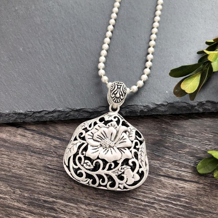 Vintage Thai silver long necklace flower pendant simple long sweater chain accessories women