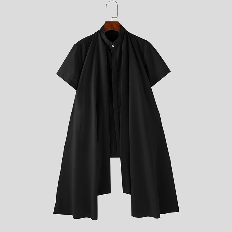 

INCERUN Summer Men Stand Neck Short Sleeve Double Layers Buttons Casual Shirts S чёрный