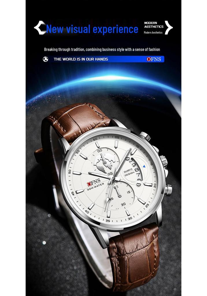 OFNS Men's Fashion Business Watch: Six-Hand Leather Strap, Waterproof with Calendar.