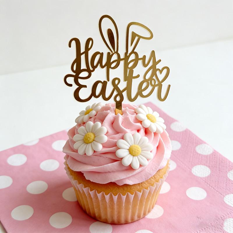Colored Rabbit Easter Happy Cake Topper Dessert Decorations Gold Acrylic Kids Party Festival Cake Toppers Easter Baking Supplies