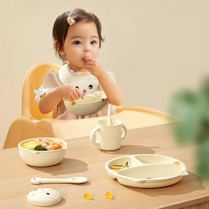 7-Piece Silicone Baby Feeding Set, BPA-Free, Cute Cat Design, Toddler Plate Set with Suction Base, 12M+, 30x25x6cm, Beige Fitilomania