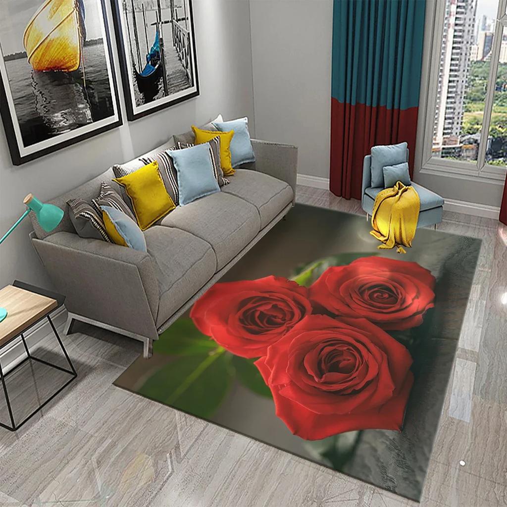 Red Rose Romantic Flower Carpet Soft Floral Rugs for Bedroom Living Room Valentine Decorative Area Mats