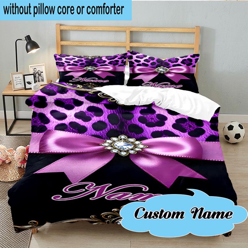 Custom Name 3PCS Leopard Print Bow Bedding Set, Including 1pc Duvet Cover And 2pcs Pillowcases, Suitable for Dorms and Bedrooms Gift