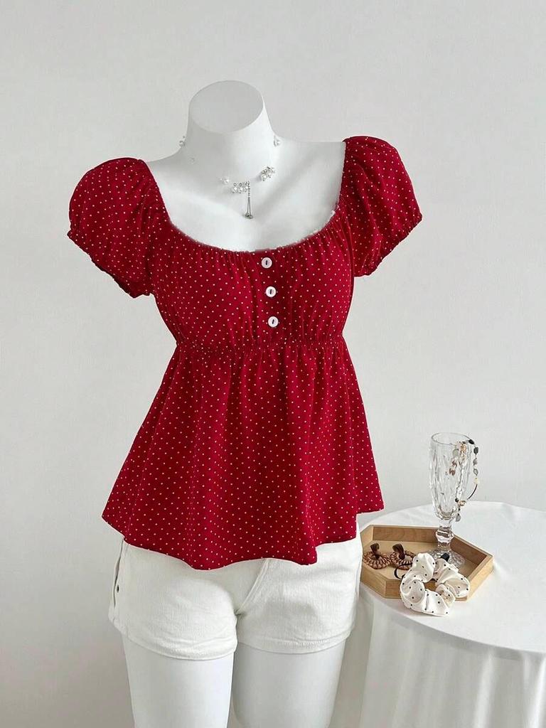 Summer 2026 Women's Polka Dot Puff Sleeve French Square Neck Slim Waist Top