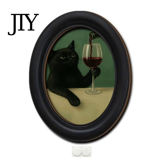 Modern Wood Wall Decoration Abstract Art Cat Decor, Oval 2D Framed Funny Painting Contemporary Birch Print, Vintage Ornament for Living Room