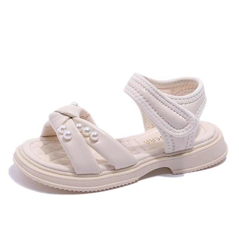 New Summer Girls' Sandals - Fashionable Pearl Princess Shoes with Non-Slip Hook & Loop Closure for Beach Wear