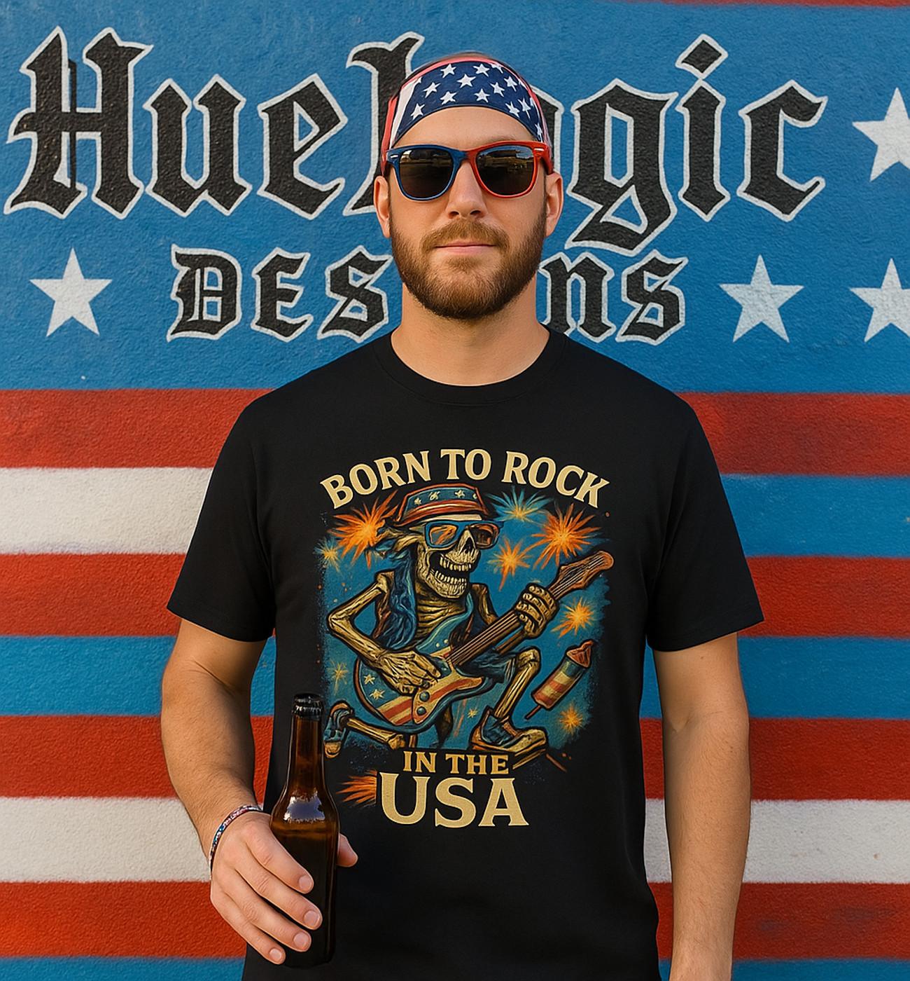 Born to Rock in the USA Skeleton Guitar Patriotic 4th of July T-shirt M