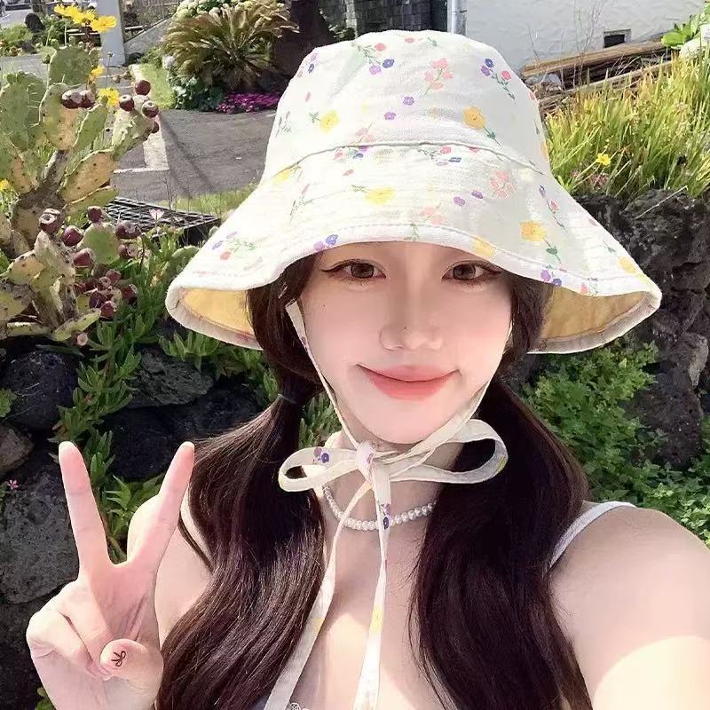 Feminine Flower Print Fisherman Hat With Wide Brim For Sun Protection And Breathability