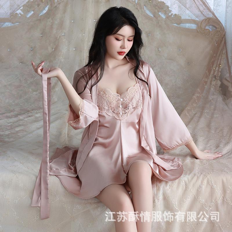 Crispy New Spring and Summer Comfortable Pajamas Backless Sweet Embroidered Lace Suspender Pajamas Women's Cardigan Loungewear Set