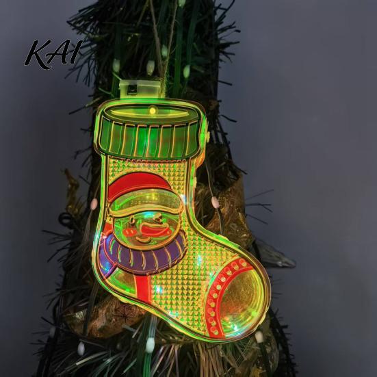 Illuminated Christmas Tree Pendants Light Up Ornament, LED Lighted Santa Bell Sock Easy Install Holiday Home Ornaments House Hanging Decoration