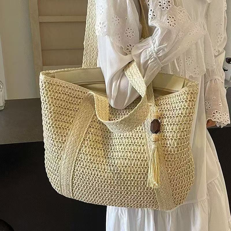 1 Stück Etikettierte Selbstabhol-Strohtasche Neue Gewebte Tasche Gewebter Stoff Vielseitige Umhängetasche Pendler-Tragetasche