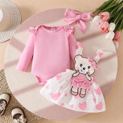 3-teiliges Set für Mädchen: Langarm-Overalls mit Cartoon-Bärenherz-Rock und Haarband, für Alter 0-1.