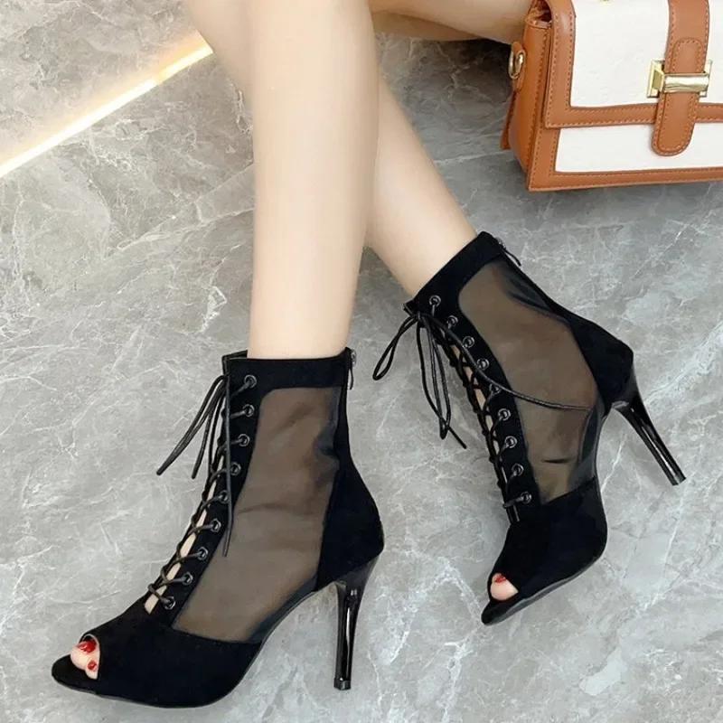 Seksi Kadın Stiletto Latin Dans Ayakkabıları Balo Tango Salsa Dans Botları Bağcıklı Yumuşak Tabanlı Parti File Botları 9CM