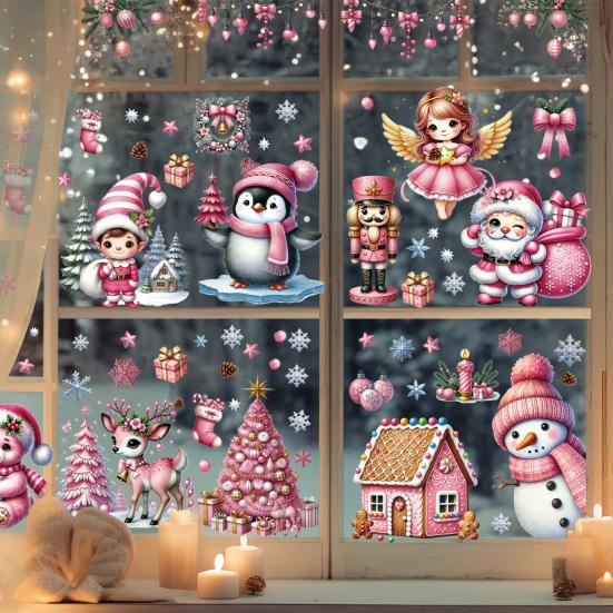 9Pcs/Set Christmas Stickers Self-adhesive Glass Film Snowman Elk Santa Claus Xmas Tree Patterns Removable