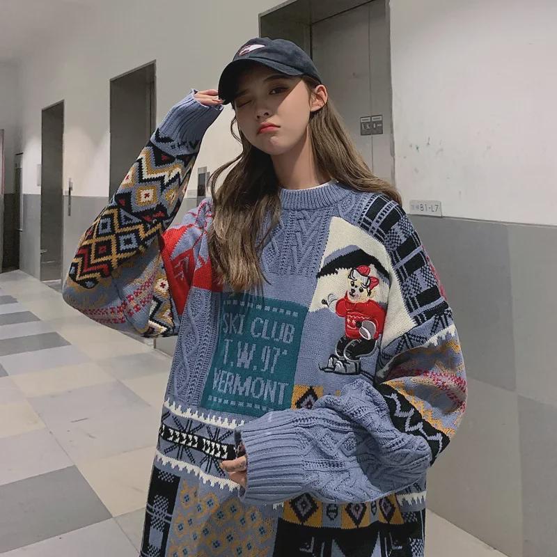 Women's Contrast Stitching Sweater - Winter Thick, Loose Fit, Japanese Trendy Brand, Versatile, Round Neck Casual Knit Jacket