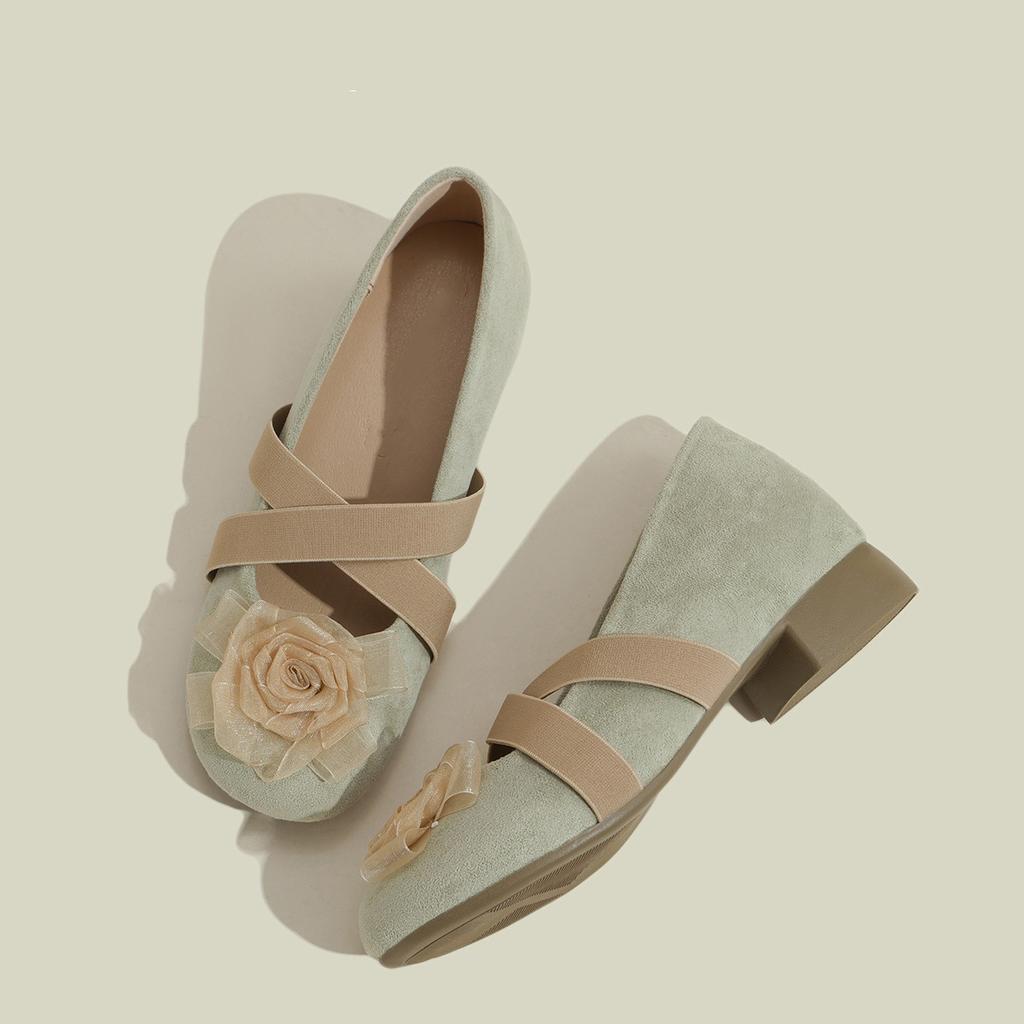 Leather Inner Height Increase Camellia Cross Belt Mary Jane Shoes Women's 2025 New Spring Ballet Shoes Thick Heel Single Shoes Women