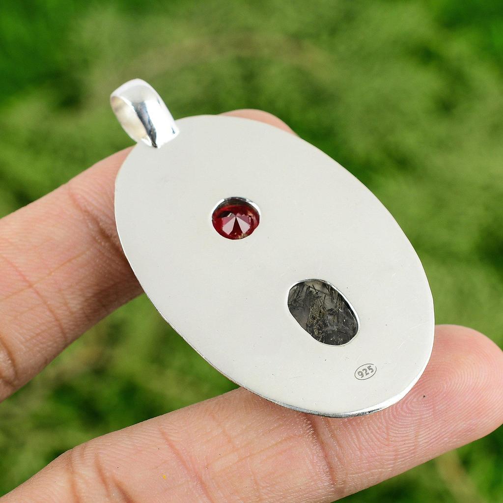 Natural Black Rutilated Quartz Rubellite Sterling Silver Wedding Elegant Pendant