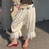 Romantic White Lace Trim Drawstring Wide-Leg Cropped Pants