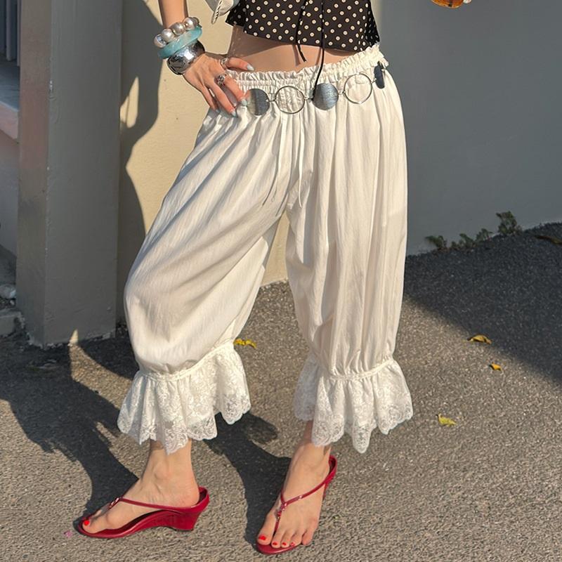 Romantic White Lace Trim Drawstring Wide-Leg Cropped Pants