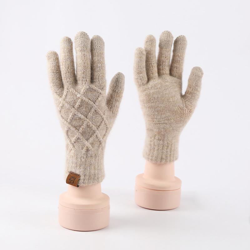 Gants chauds d'hiver pour adultes gants en laine tricotée à motif fleur d'ananas pour femmes gants cinq doigts d'extérieur en velours coupe-froid