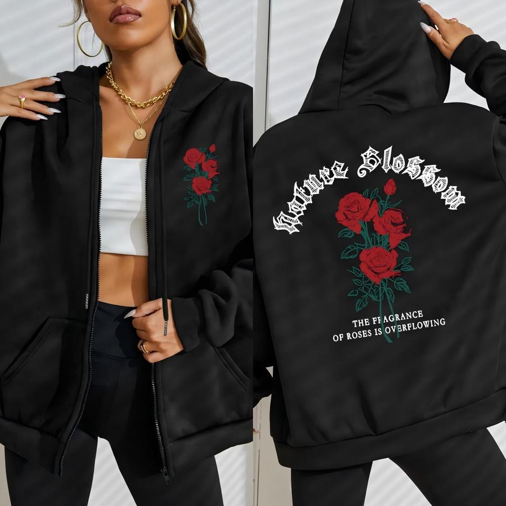 Nature Blooming The Roses Flower Prints Zipper Hoodies Women Casual All-Match Hoodie Loose Sportswear Clothing