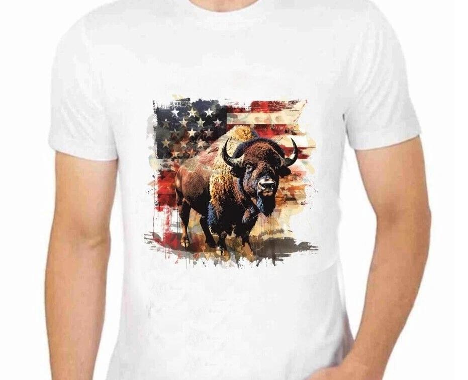 Patriotic Large Buffalo & Flag T-Shirt for Men Apparel Wildlife Animal Art Bison 3XL