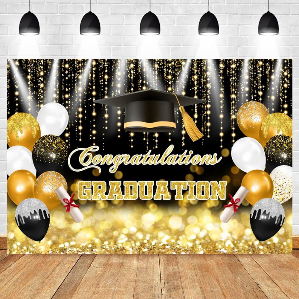 Golden Flash Black Balloon Banner Photography Background Cloth, Congratulations Graduation Ceremony Evening Photography Backdrop