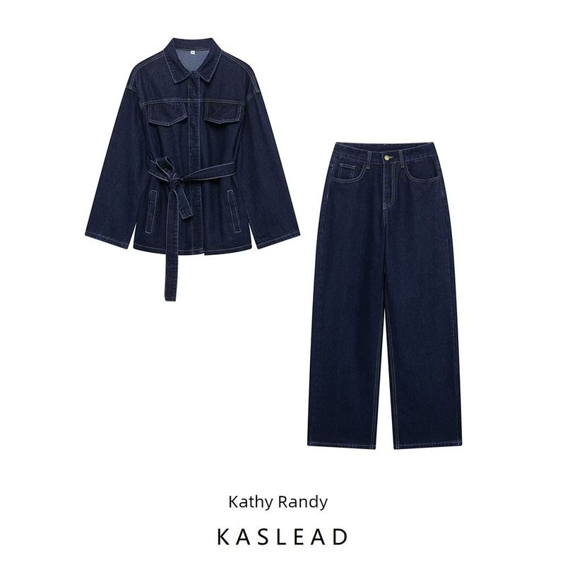 Kaslead New Women clothes Western Style Retro Waist Hugging Lapel Denim coat Casual Trousers Set