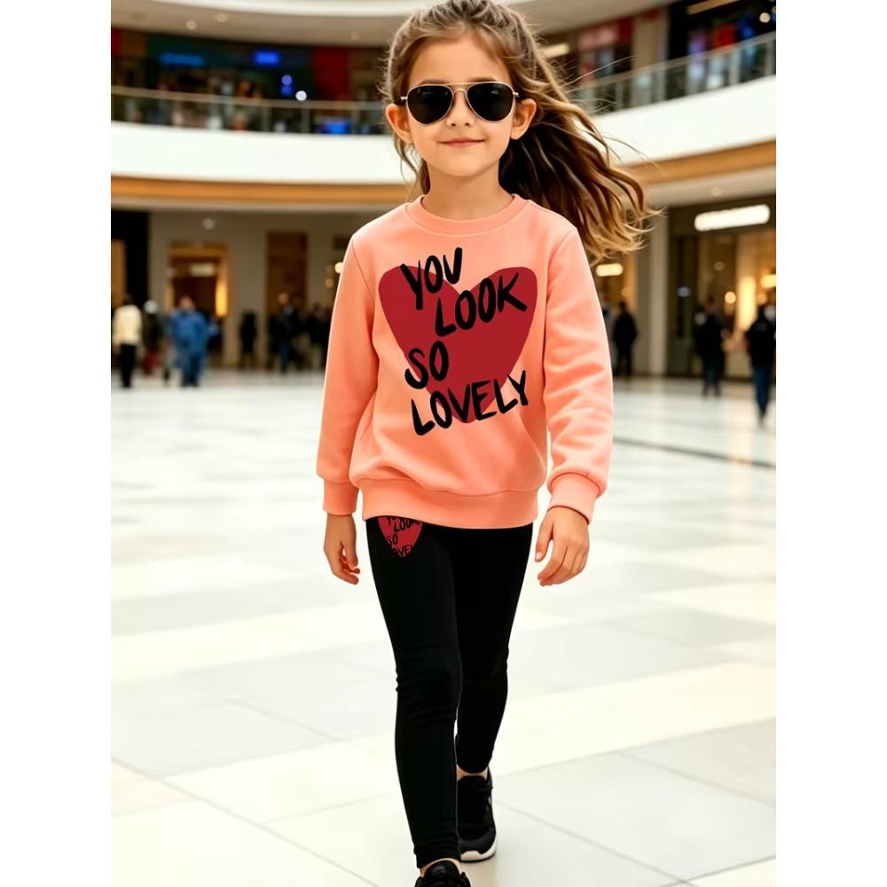 Girls' Love Slogan Print Casual Comfortable Soft Loose Pullover Sweatshirt and Leggings 2-Piece Set, New Autumn/Winter, Playful, Sweet and Cool Style