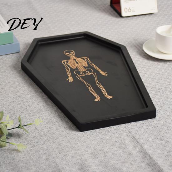 Decorative Catchall for Jewelry Halloween Gothic Serving Tray with Engraved Skeleton, Wooden Charcuterie Board, Casket Skull Print Display Shape