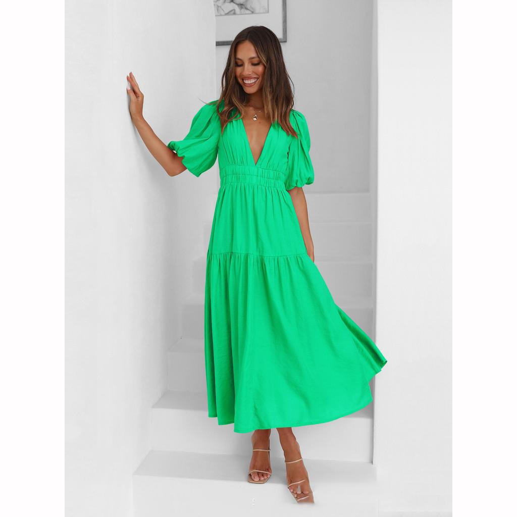 Women's V Neck Formal Lace V Neck Maxi Dress Ruffle Fringe Short Sleeve Boho Wedding Guest Long Dresses